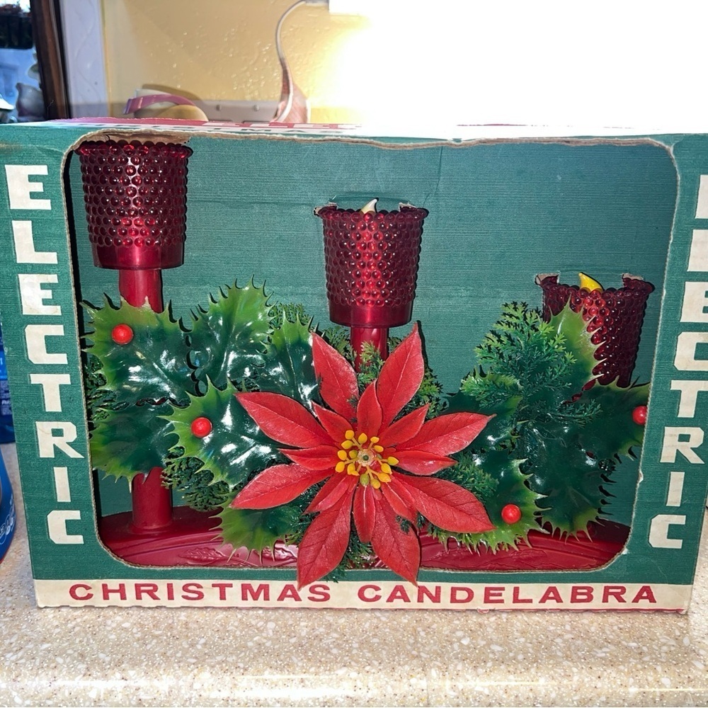 Vintage 1960’s Red Holiday Christmas Electric candelabra poinsettia candle hold
